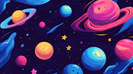 Colorful 2d illustration featuring abstract planets and stars on a dark backdrop Playful psychedelic design suitable for notebook covers posters and t shirt prints