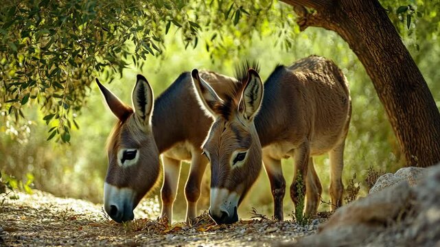 Two donkeys graze under a tree in a sunny, green forest