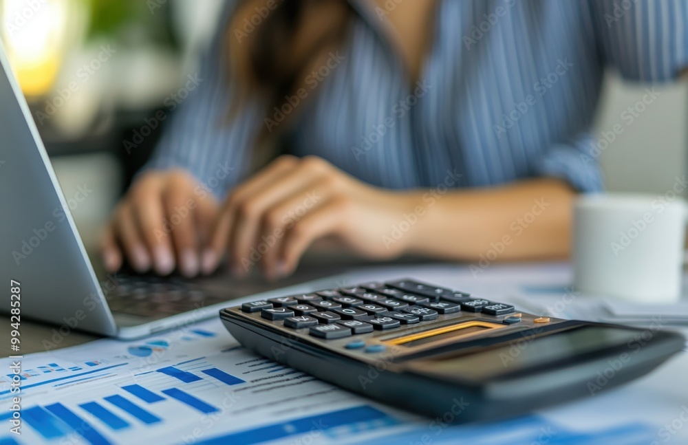 Aufkleber businesswoman using a calculator for financial planning on a desk with a laptop and graph paper in t