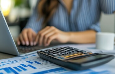 Businesswoman using a calculator for financial planning on a desk with a laptop and graph paper in the office, close-up of hands working on a computer. Business concept.