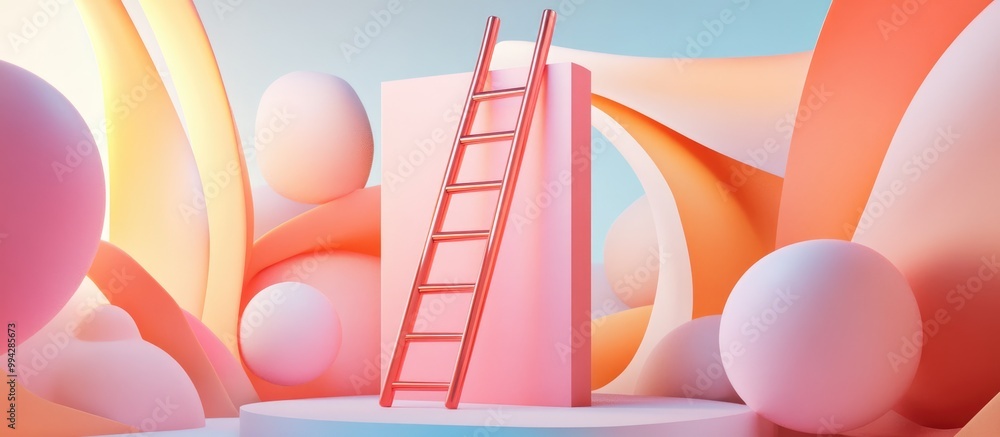 Poster creative 3d depiction of a ladder surrounded by abstract floating shapes 3d artwork
