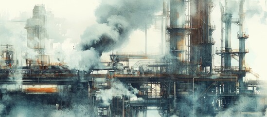 Trapezoidal forms create a defined space filled with machines that emit smoke showcasing dynamic movement in a unique artistic style through watercolor and ink