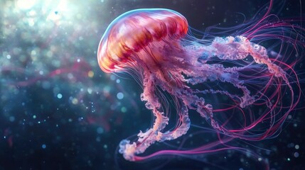 Naklejka premium A surreal composition of a jellyfish whose tentacles morph into delicate floating ribbons conveying a feeling of elegance and serenity