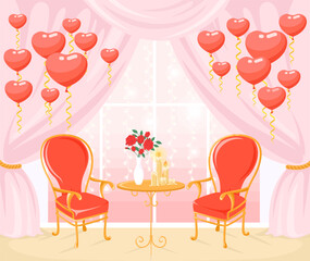 Romantic photo zone background with red hearts balloons, burning candles on table and armchairs vector illustration. Space for memory shooting on valentines day, engagement, wedding or anniversary