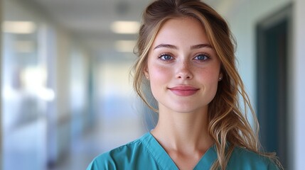Fototapeta premium nurse in uniform posing for a portrait in a hospital corridor, showcasing the vital role of healthcare professionals in providing medical care and patient support