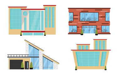 Set of modern office buildings in cartoon style. Vector illustration of beautiful office buildings of different shapes with large windows, doors, and thuja trees in pots isolated on white background.