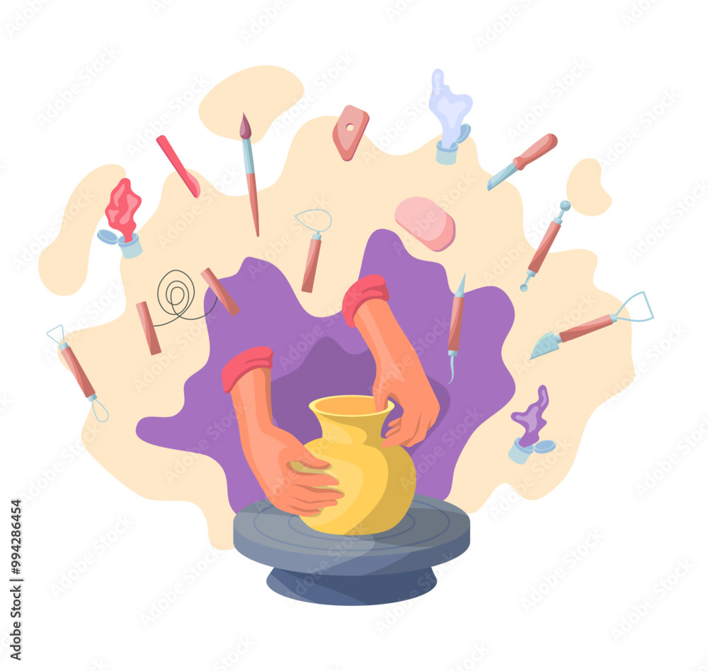 Poster cartoon color process of creating ceramics concept flat design style for pottery workshop or studio.