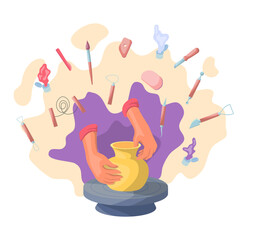 Cartoon Color Process of Creating Ceramics Concept Flat Design Style for Pottery Workshop or Studio. Vector illustration