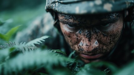 A camouflaged individual seamlessly merges into the lush greenery, emphasizing themes of stealth, unity with nature, and survival skills in a vibrant forest setting.