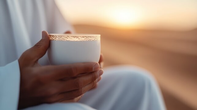 A person gently holds a white cup while sitting peacefully in a desert setting during a picturesque sunset, symbolizing tranquility and mindfulness.