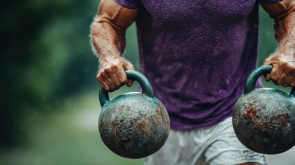 A muscular man in a purple shirt is seen lifting heavy kettlebells outdoors, showcasing strength and fitness in an open natural environment that enhances the workout spirit.