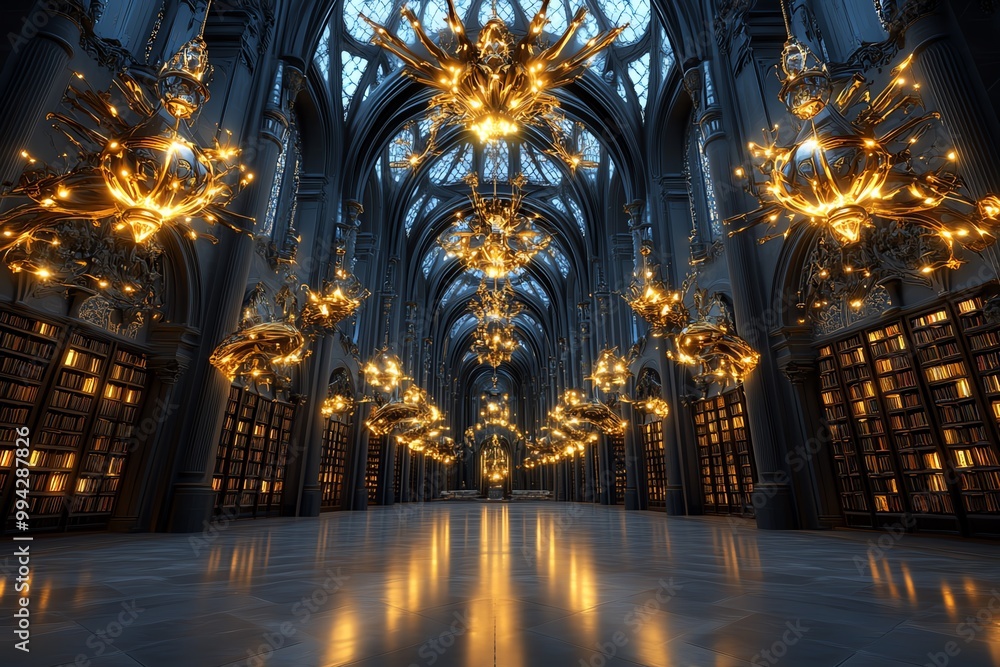 Poster an enchanted library in a grand castle, with golden chandeliers and books that light up as they are 