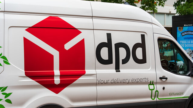 A DPD sign on a delivery van in Leicester, 22 August 2024, Leicester UK	
