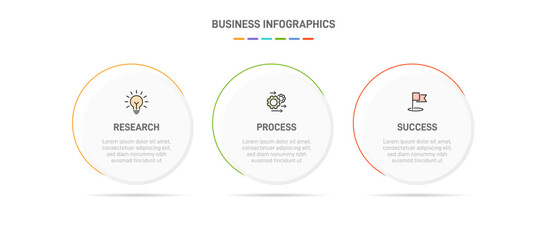 3 clean infographic design shaped elements template, symbolizing the three stages of business strategy and progression. Progress bar or timeline. Vector for presentation, web site or app.