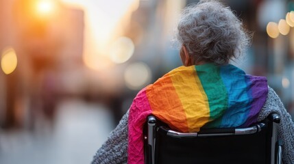 Obraz premium A back view of an elderly person sitting in a wheelchair adorned with a vibrant rainbow-colored scarf. The street is softly lit, indicating a serene evening ambiance.