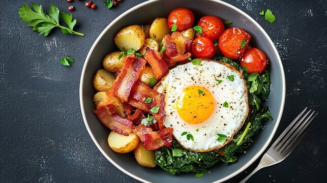 Wholesome Breakfast Bowl: Fried Eggs, Crispy Bacon, and Fresh Herbs &ndash; Perfect Poster for Your Sports D&eacute;cor!