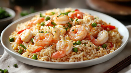 Seafood fried rice is mid-toss, with shrimp, scallops, and squid suspended in the air. Steam billows against the black backdrop, and the rice glistens under warm light, adding heat and flavor.