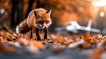 Fototapeta premium A cute fox explores a path covered in autumn leaves, with an airplane in the background, blending nature and human technology in a scenic outdoor setting.