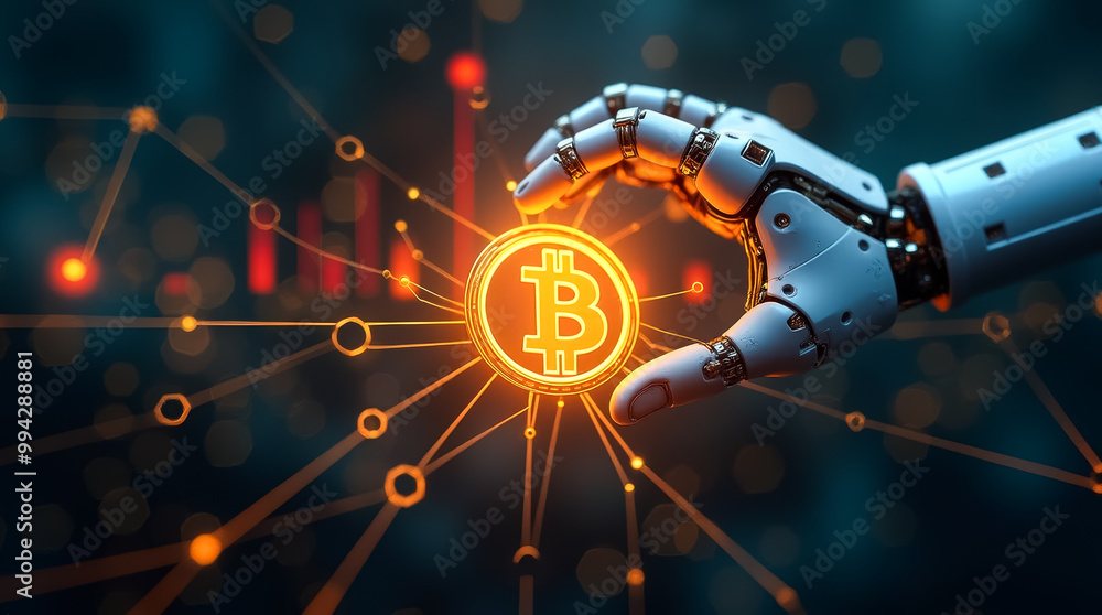 Poster a robotic hand delicately grasps a luminous bitcoin symbol surrounded by intricate digital patterns 
