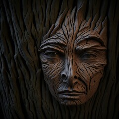 Conceptual beautiful Representation of Human face on wood bark. Striking Brush