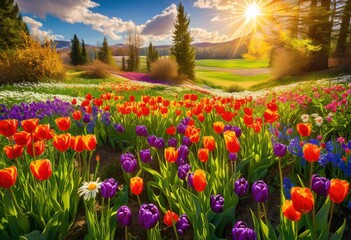 vibrant sunlit landscape featuring colorful blooming flowers serene natural environment blue sky bright sunshine, abundance, aesthetic, blossom, botanical