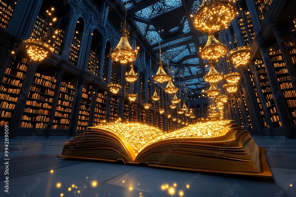 Poster an enchanted library in a grand castle, with golden chandeliers and books that light up as they are 
