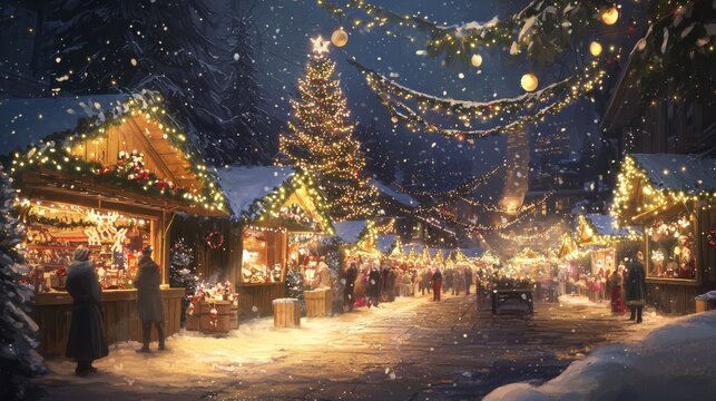Christmas market at night": A bustling Christmas market with wooden stalls, twinkling fairy lights, people browsing for gifts, and snowflakes falling. Decorated Christmas trees and warm lighting creat