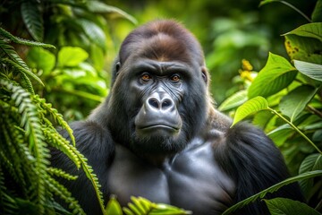 Obraz premium Close-up portrait of gorilla in lush habitat