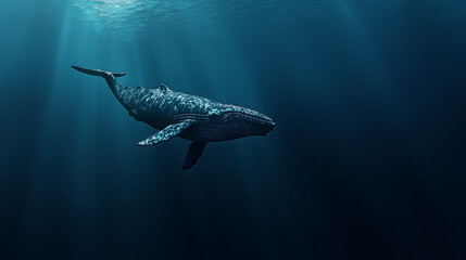 A majestic whale swimming underwater in the deep blue ocean.