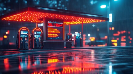 Fototapeta premium gas station fuel dispensers and increasing gasoline prices graph on a tech-inspired background, highlighting the economic impact and market analysis of fuel cost trends
