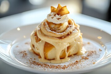 Homemade Banana Cinnamon Rolls In Home Interior, Creamy Icing Melting Over The Top, Dessert Food Photography, Dessert Menu Style Photo Image