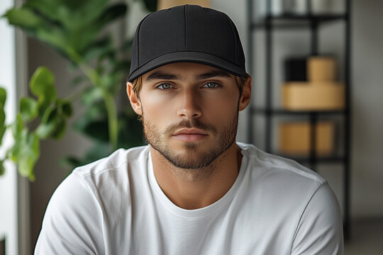 Black baseball caps mockup, male model