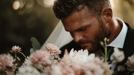 A groom dressed in wedding attire is surrounded by blooming flowers in a garden setting, creating a romantic and picturesque moment celebrating matrimonial bliss.