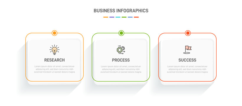 3 clean infographic design shaped elements template, symbolizing the three stages of business strategy and progression. Progress bar or timeline. Vector for presentation, web site or app.