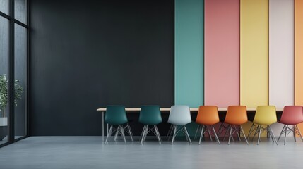 A modern meeting room featuring a long wooden table surrounded by colorful chairs and vibrant vertical pastel walls, designed for creative and collaborative sessions.