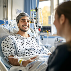 A cheerful man, sitting upright in a hospital bed, smiles as he speaks to a nurse, suggesting a positive recovery experience following surgery.