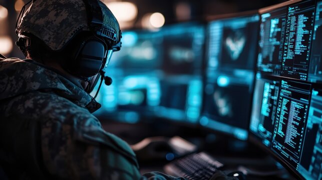 A soldier in a designated control room using advanced computer systems, demonstrating the integration of military operations with modern technology under low light conditions.