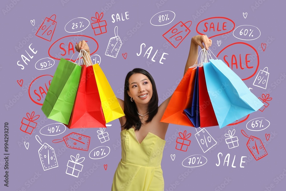 Sticker Young Asian woman with shopping bags on lilac background. Black Friday sale