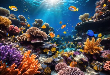Obraz premium close vibrant coral reef featuring colorful coral diverse tropical fish marine wonderland, aquatic, underwater, anemone, seaweed, ecosystem, ocean, biodiversity