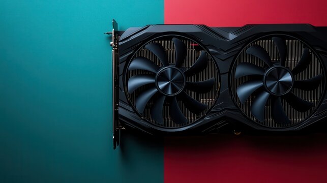 A graphics card with two efficient cooling fans, creatively displayed on a dynamic teal and red split background, highlighting its advanced technology and design.