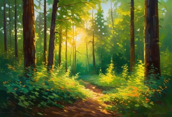 Fototapeta premium lush forest landscape bathed vibrant colors showcasing beauty tranquility, trees, greenery, foliage, nature, sunlight, shadows, hills, leaves, branches