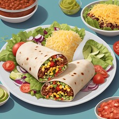 Delicious Classic Burrito with Fresh Ingredients assortment Served with some salad, Tasty delicious burrito wrap roll with meat, pepper, avocado, rice, beans
