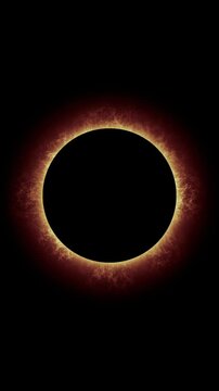 Experience the breathtaking beauty of a solar eclipse, showcasing a darkened sun surrounded by a fiery corona. This mesmerizing visual captures the celestial event's grandeur against a pitch-black bac