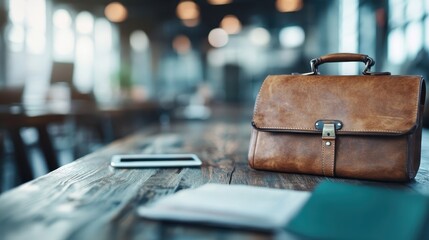 A vintage leather briefcase sits on a wooden desk inside an office setting, accompanied by a tablet and documents, capturing a classic professional and nostalgic atmosphere.