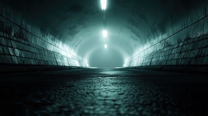 This image features an illuminated tunnel with a greenish glow reflecting off the wet floor, giving...