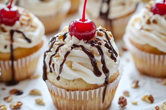 Banana Split Cupcakes, Frosting Swirls With Chocolate Drizzle And Sprinkles, Banana-flavored Cupcakes Topped With Whipped Cream, A Cherry On Top, Dessert Food Photography, Dessert Menu Style Photo Ima