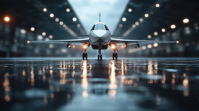 A sleek aircraft parked in a spacious industrial hangar, its landing lights reflecting off the wet, polished floor, creating a striking and dramatic scene of modern engineering.