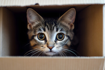 Cute kitten peeking out of a cardboard box, adorable pet moment, playful cat expression, perfect for animal lovers, heartwarming pet image, curious kitten in box, funny cat behavior


