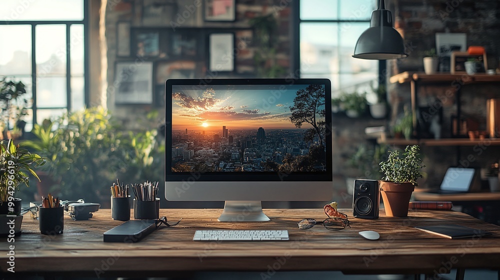 Poster computer monitor and office setup on a wooden desk, highlighting a professional workspace in a corpo