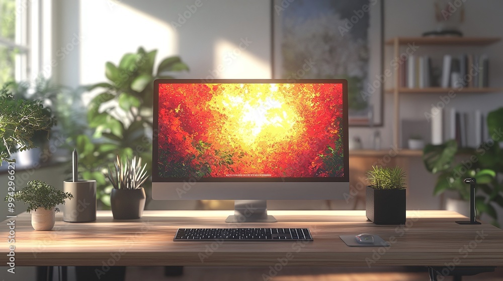 Poster computer monitor and office setup on a wooden desk, highlighting a professional workspace in a corpo